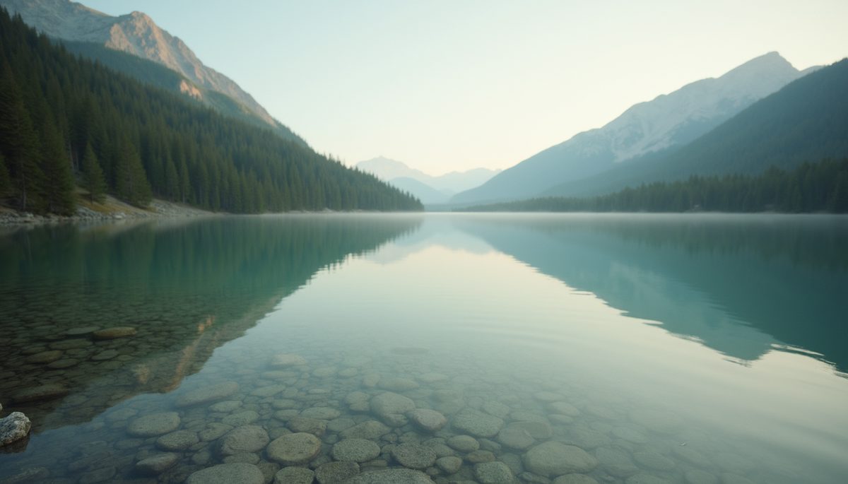 Eye-level view of a serene landscape with a calm lake