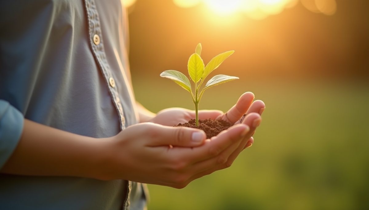 Close-up view of a person holding a small plant with a sunlight background