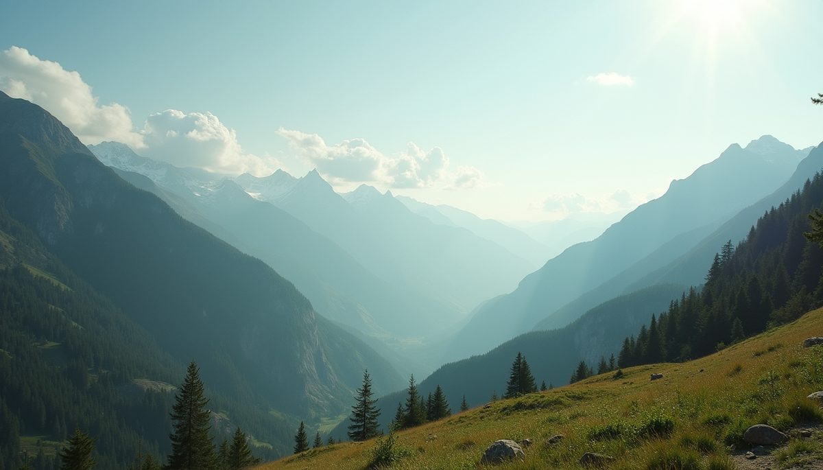 Wide angle view of a serene landscape with mountains
