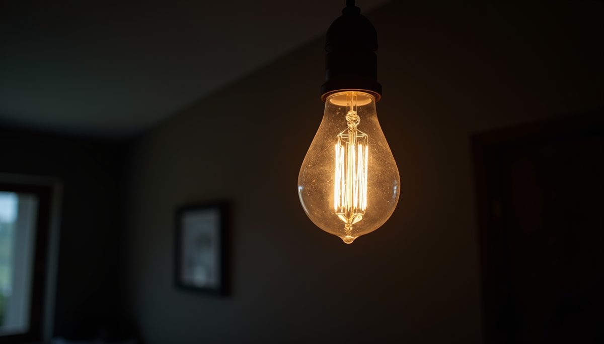 High angle view of a vintage light bulb illuminated in darkness