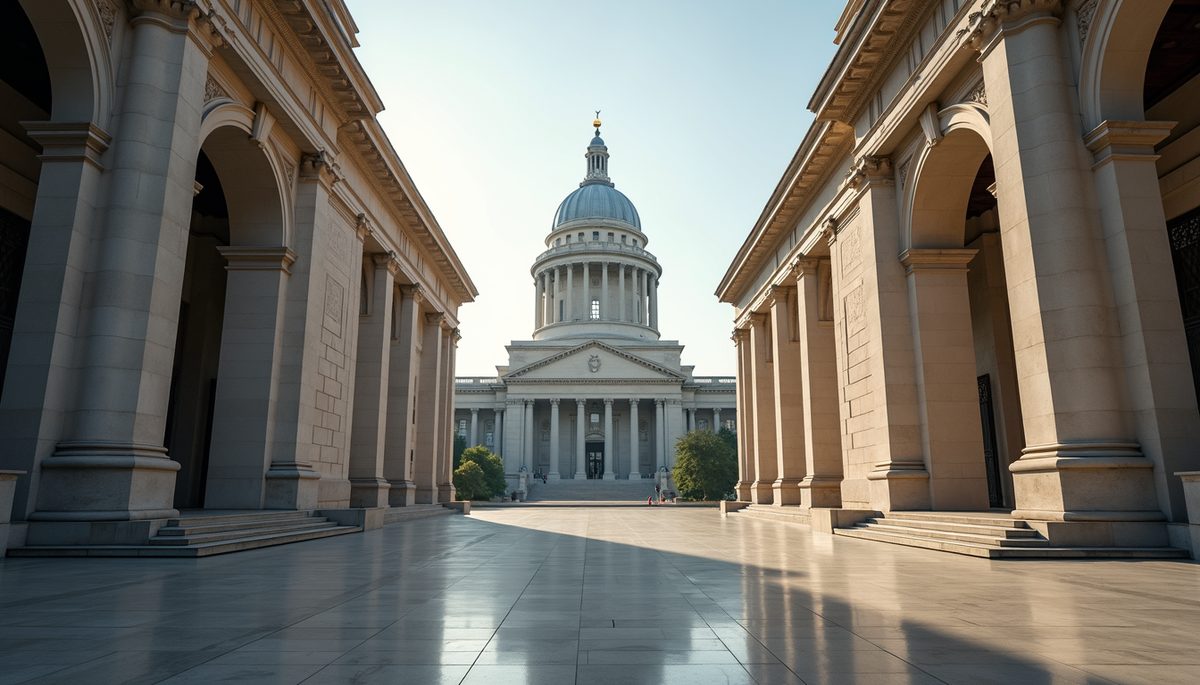 Wide angle view of a grand historical building, symbolizing innovation
