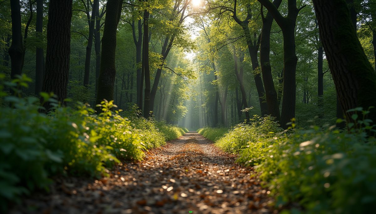 Eye-level view of a path through a serene forest