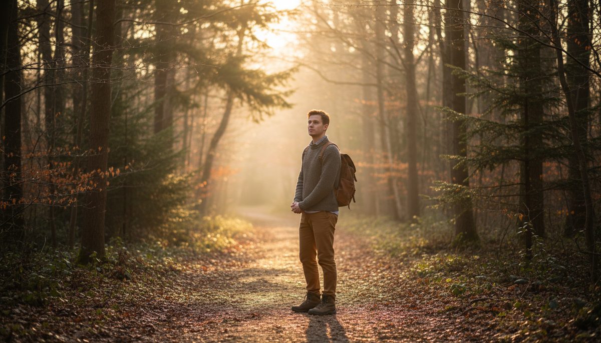 Eye-level view of a person standing at the edge of a quiet path at sunrise.