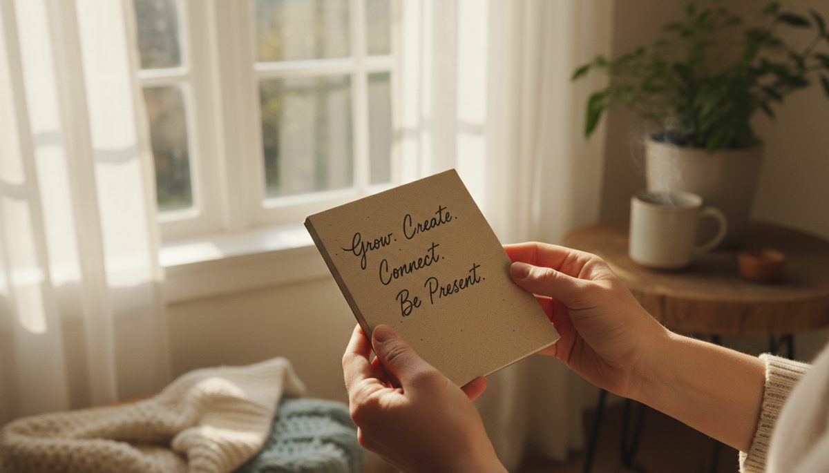 Close-up view of hands holding a small notebook with a written intention in a sunlit room.