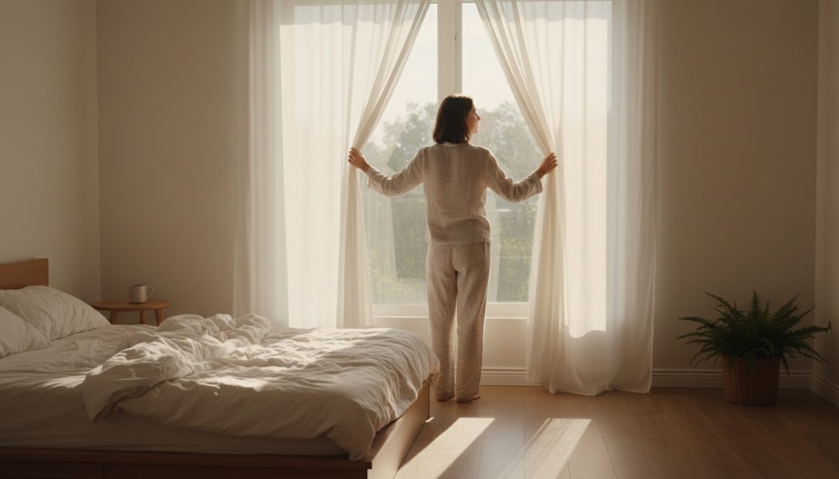 Eye-level view of a person opening curtains to let morning light into a calm bedroom.