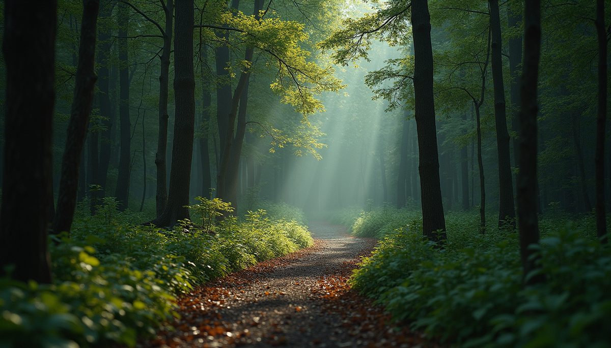 Wide angle view of a dense forest with a winding path