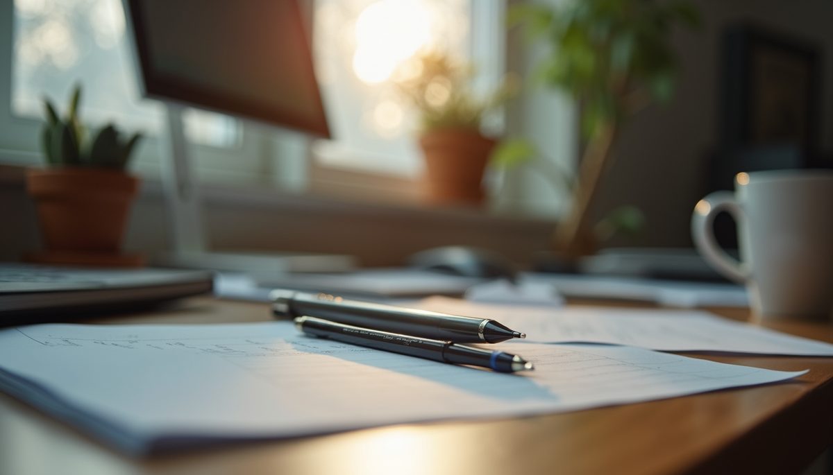 Close-up view of a cluttered desk with stationary and coffee mug