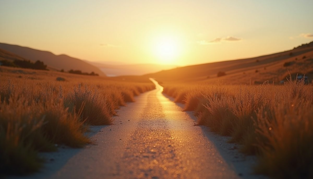 Eye-level view of a winding path leading toward a bright horizon