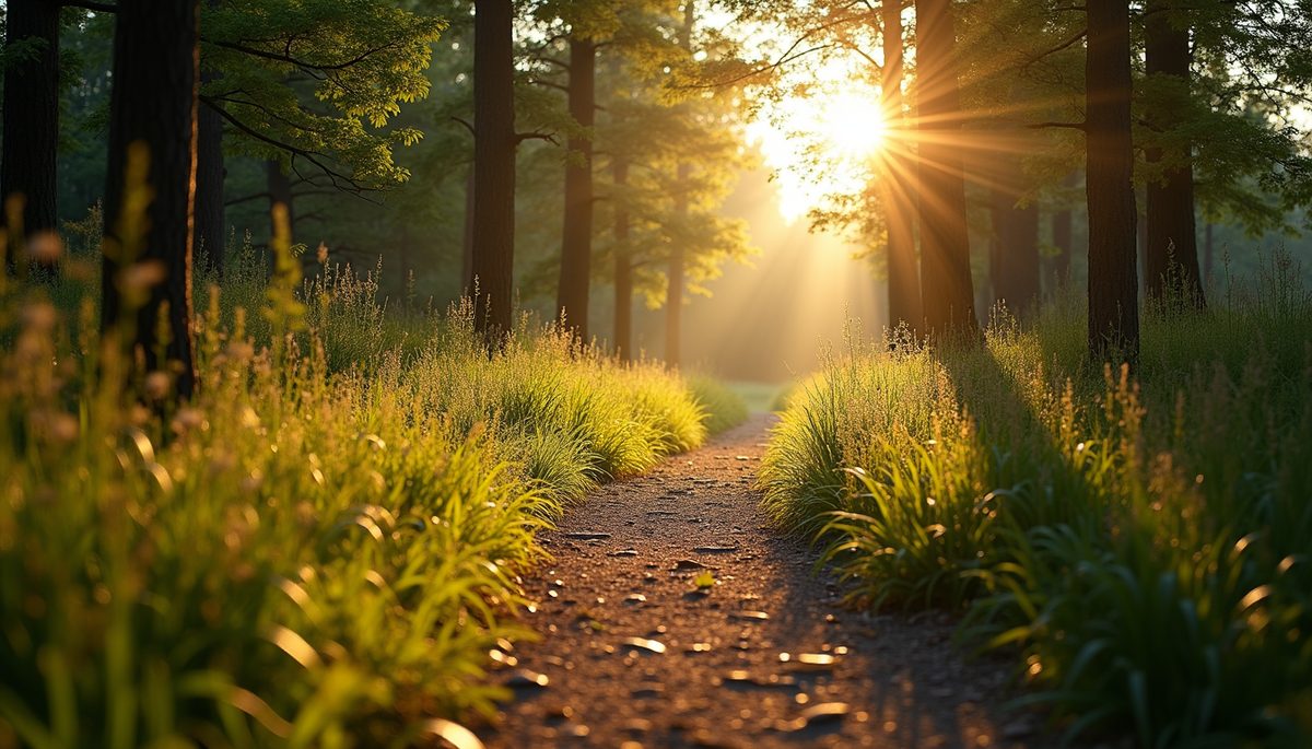 High angle view of a nature trail leading into sunlight