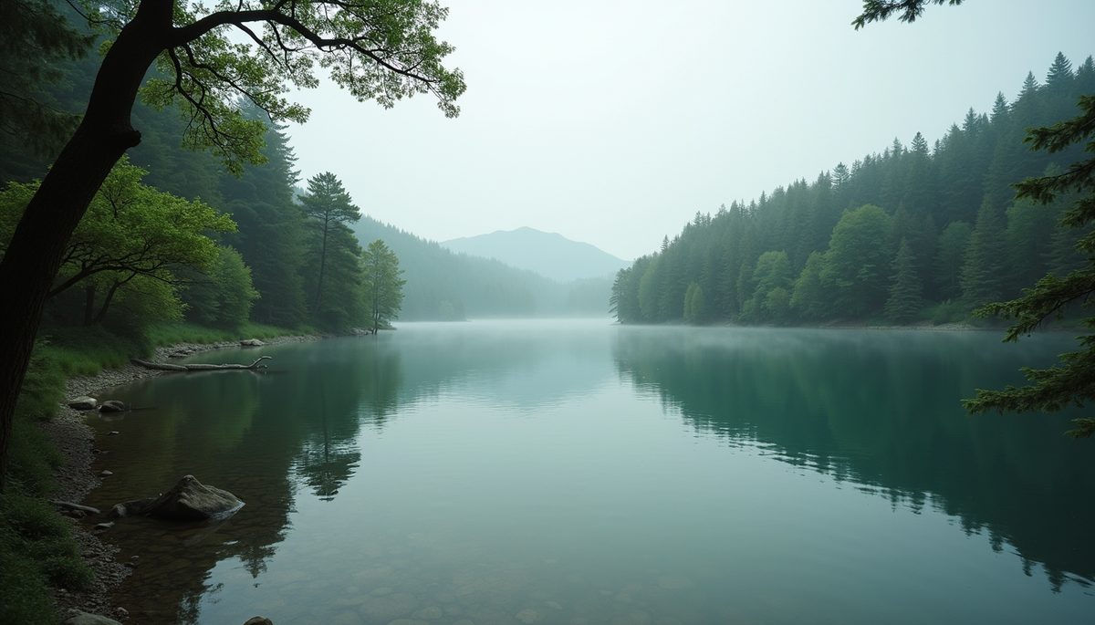 Close-up view of a peaceful lake surrounded by trees