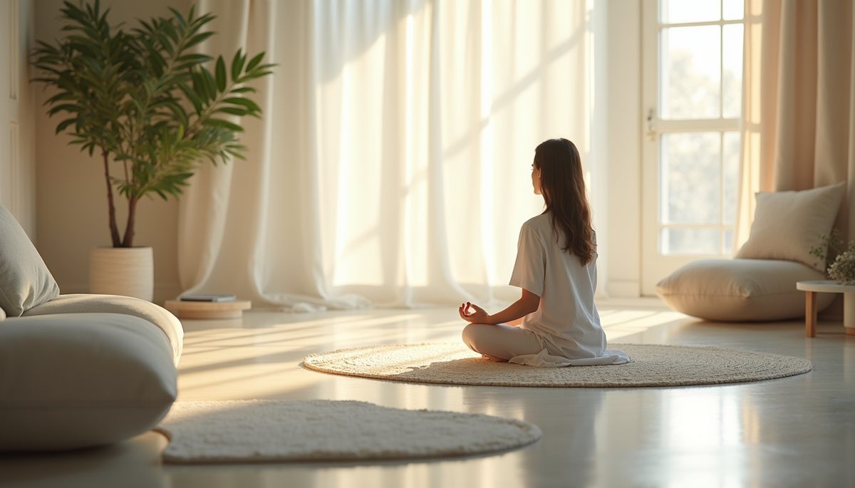 Eye-level view of a tranquil meditation space with soothing elements