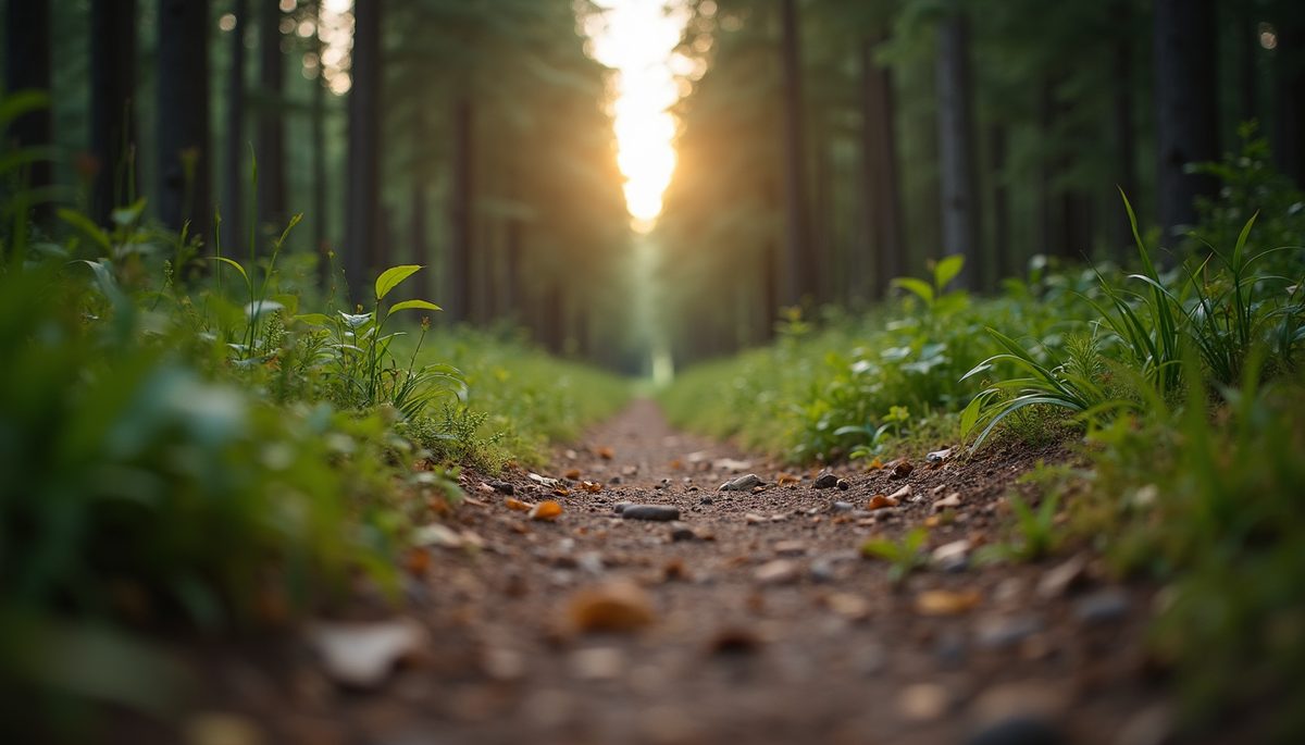 Eye-level view of a serene pathway in a forest