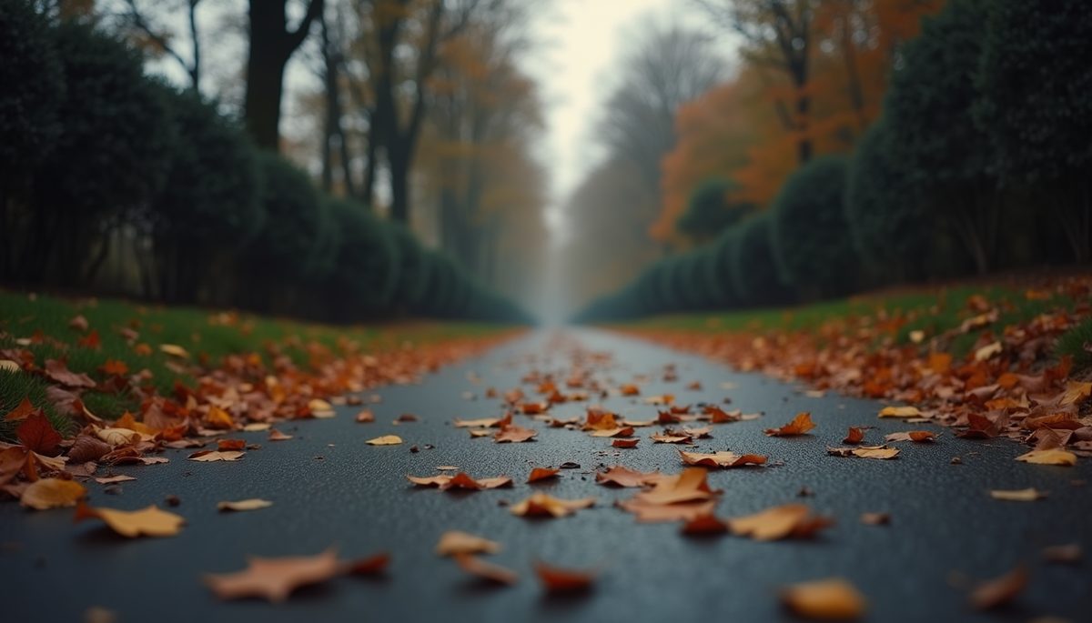 Eye-level view of a gloomy path covered with fallen leaves
