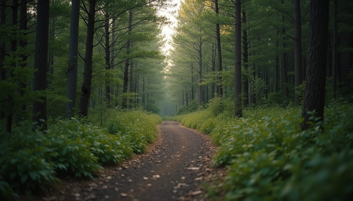 Eye-level view of a winding path through a dense forest