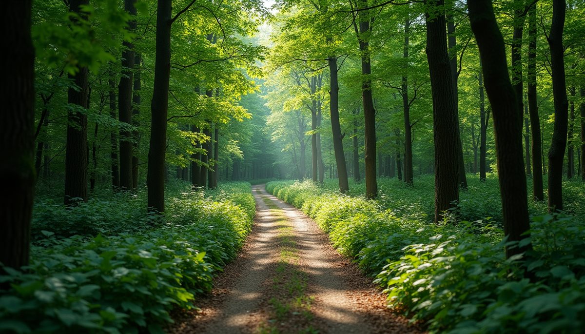 High-angle view of a path leading through a lush green forest