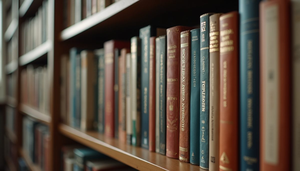 Eye-level view of a bookshelf filled with diverse literature