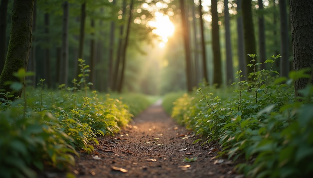 Eye-level view of a tranquil path through a forest