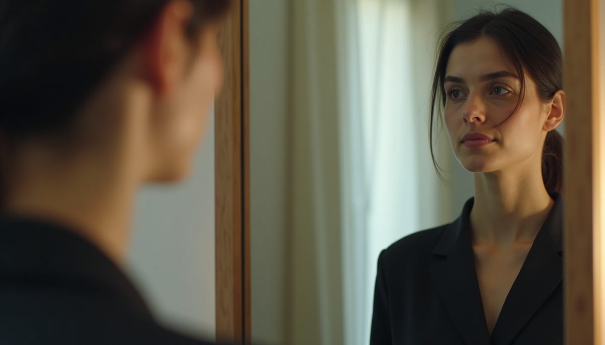 Eye-level view of a person standing in front of a mirror reflecting their thoughts