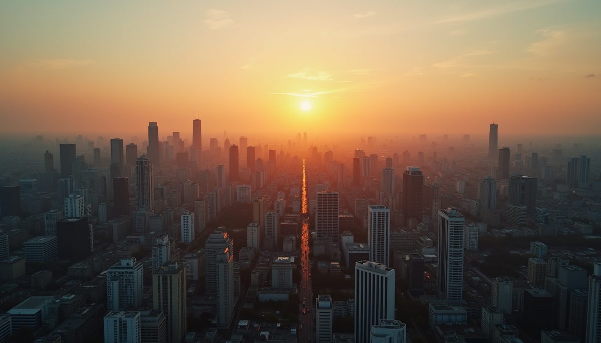 Eye-level view of an expansive cityscape at sunset