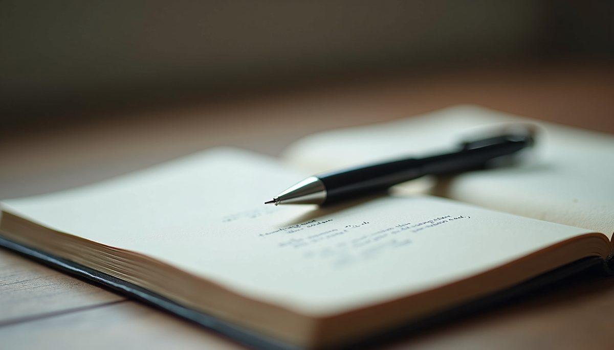 Close-up view of a journal with a pen resting on a written page