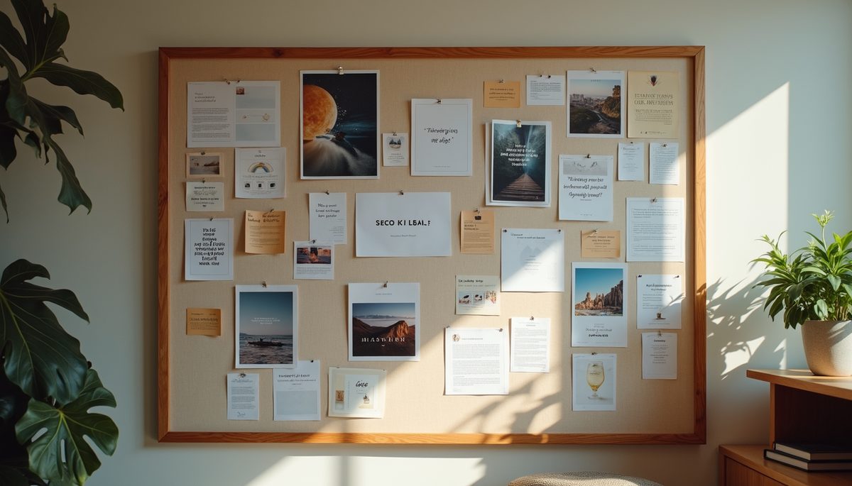 High angle view of a vision board filled with inspiring images and quotes