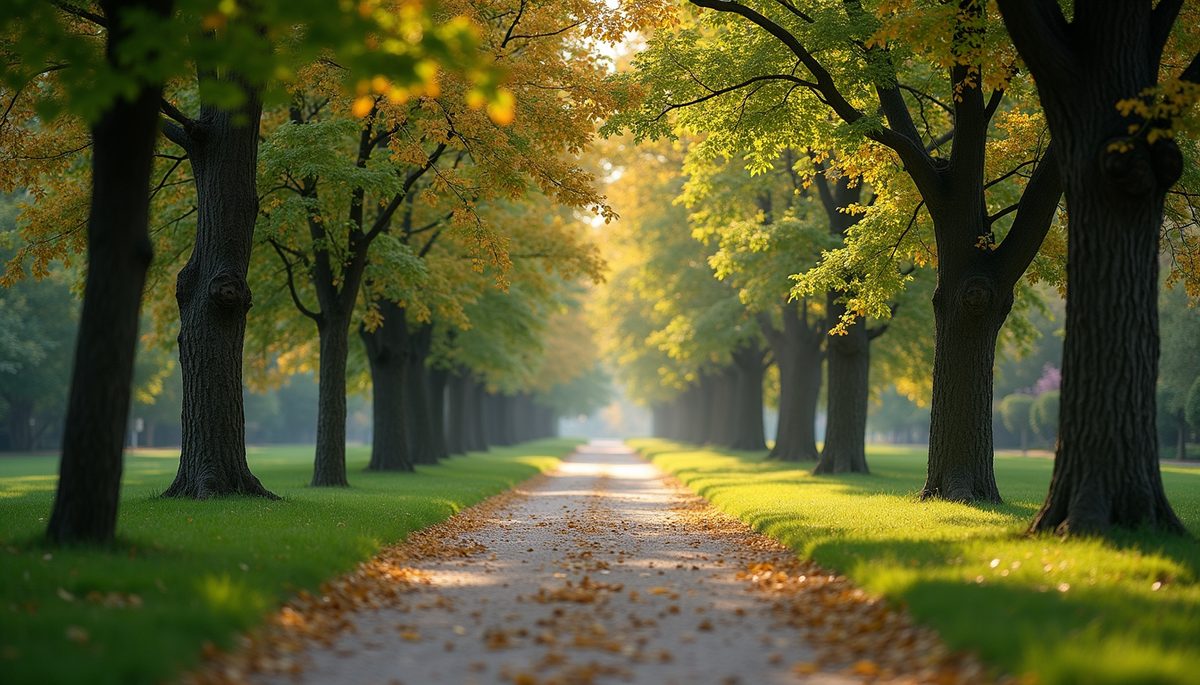 Wide angle view of a serene park pathway representing personal growth