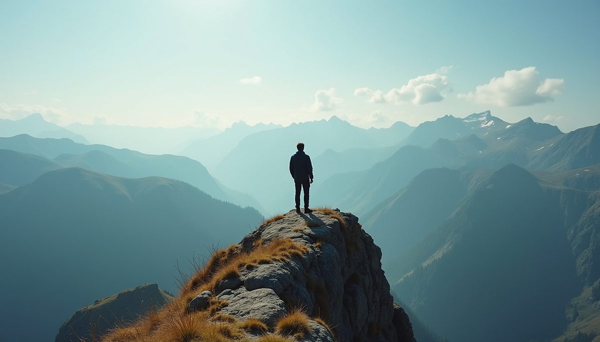 Eye-level view of a person standing at the edge of a mountain