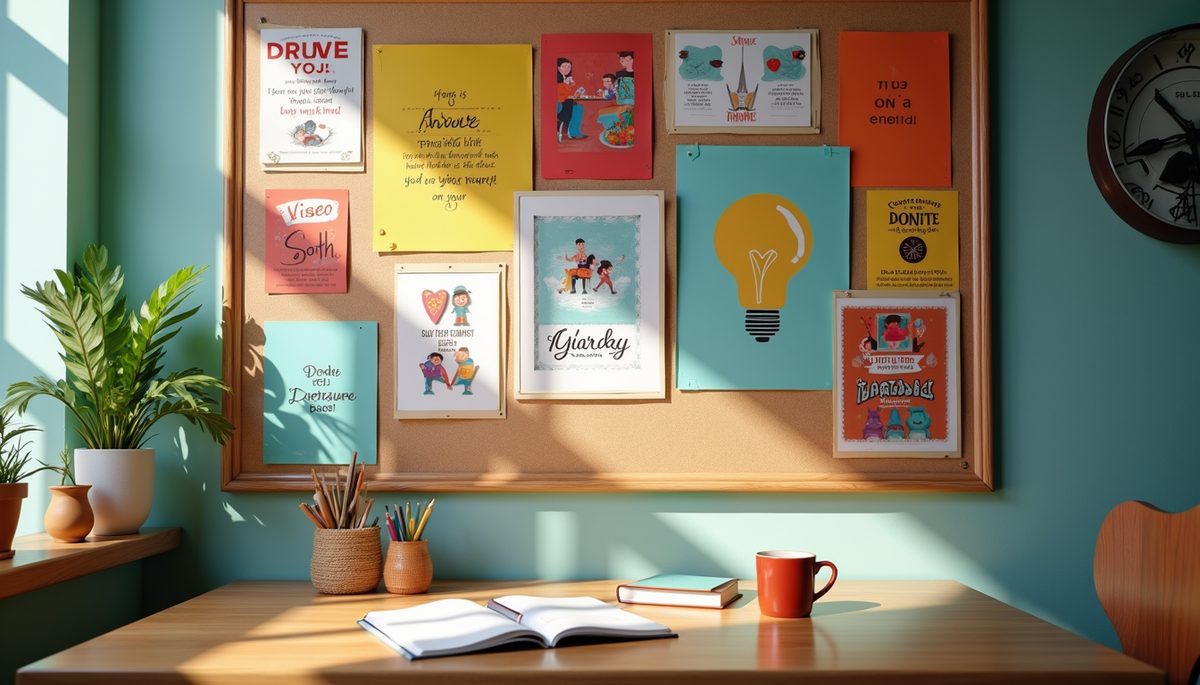 High angle view of a vibrant vision board adorned with motivating images and affirmations