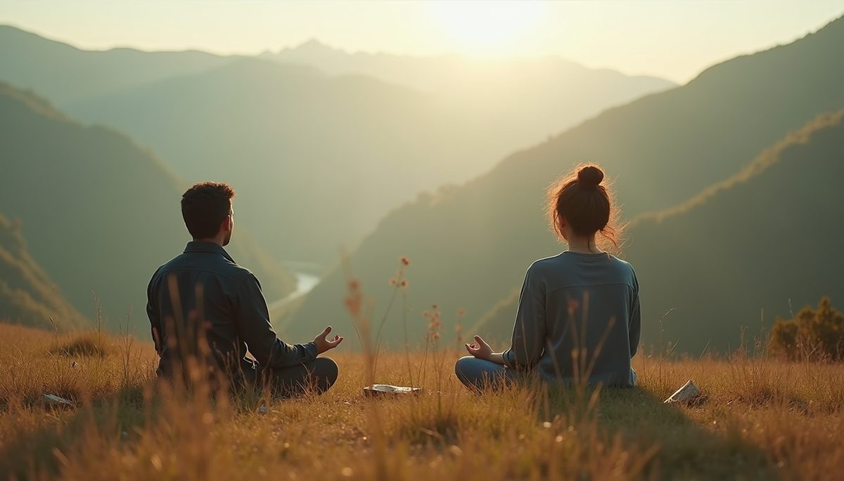 High angle view of two people meditating in nature