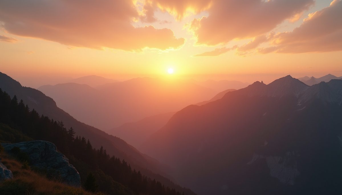 High angle view of a peaceful sunrise over mountains