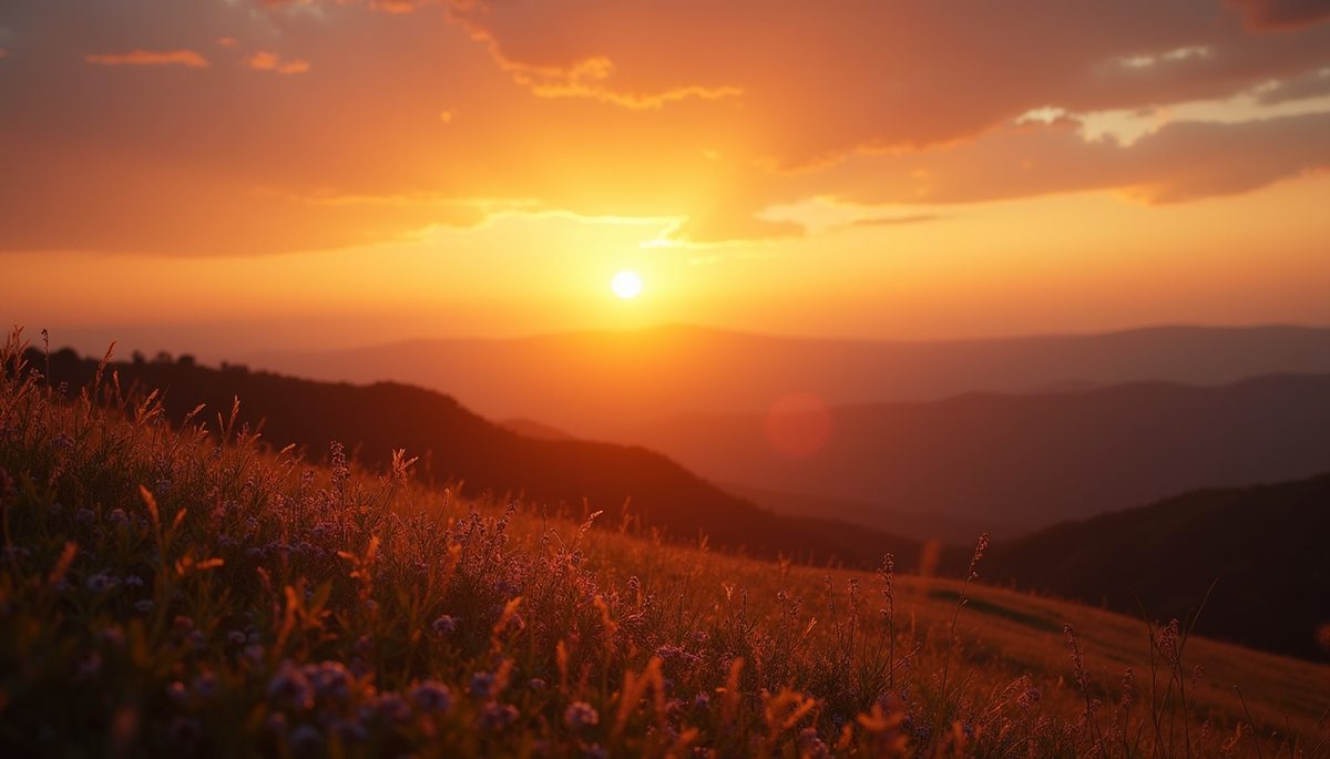 High angle view of inspiring sunset over peaceful landscape