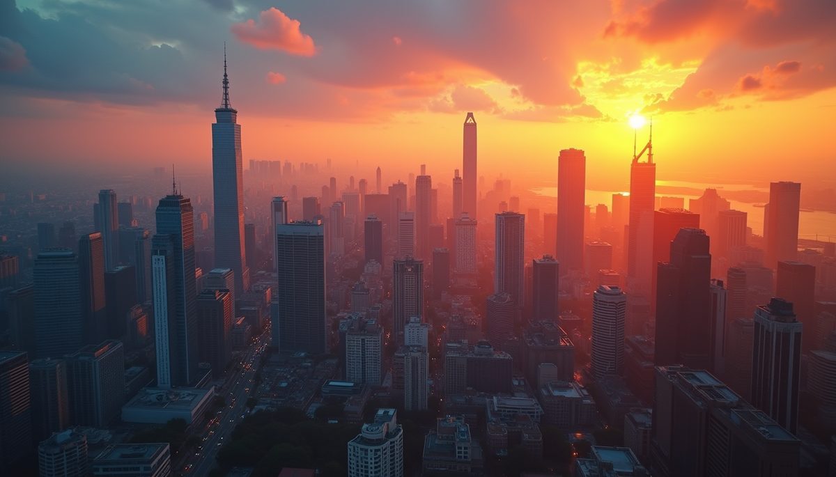 Close-up view of a vibrant city skyline at sunset