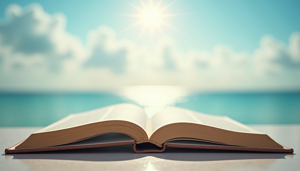 High angle view of an open book with a dreamy sky background