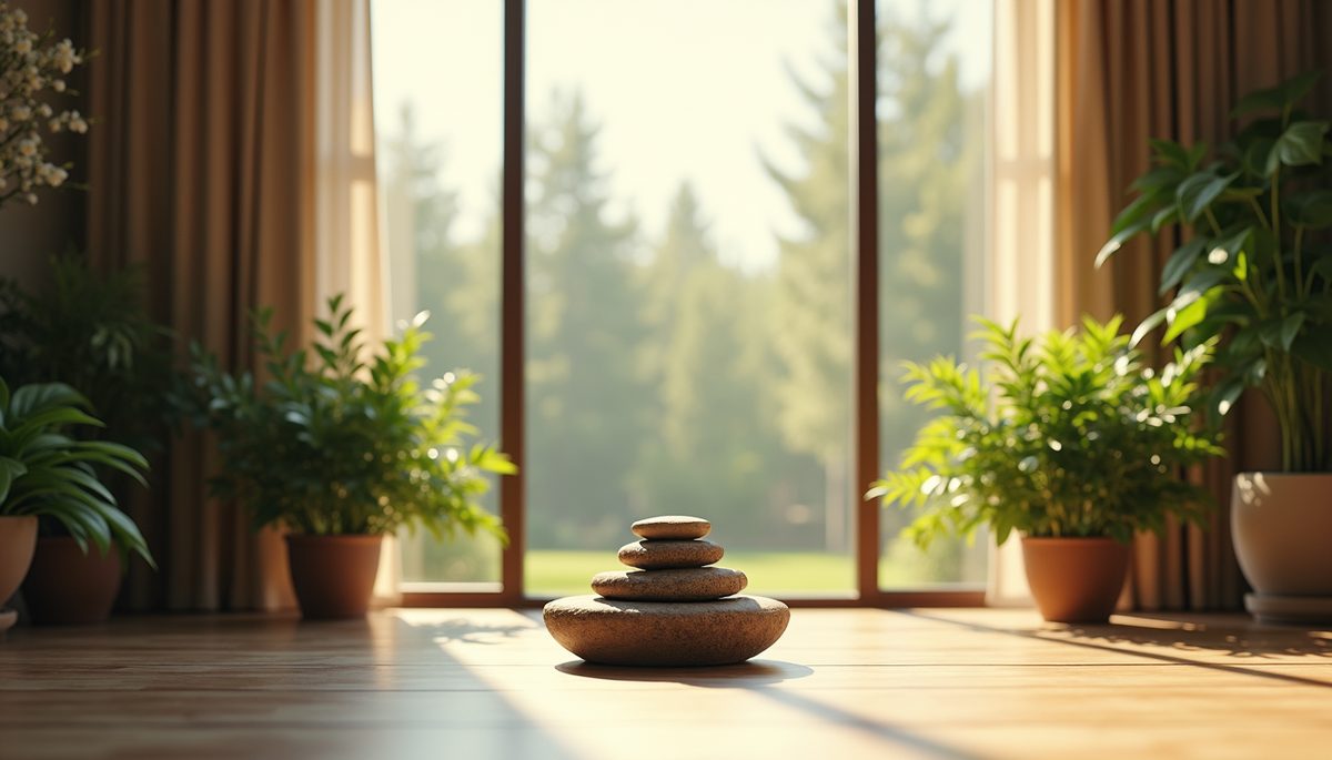 Eye-level view of a peaceful meditation space with plants