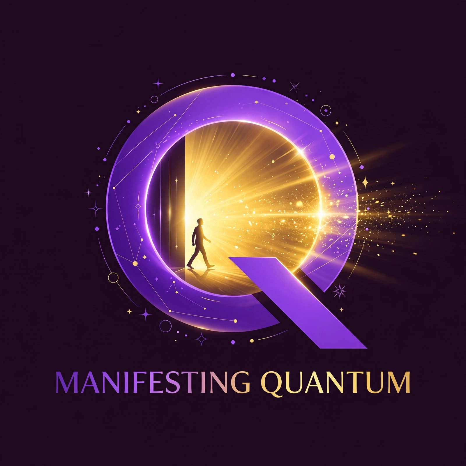 Manifesting Quantum logo — a purple Q portal with a person walking into golden light